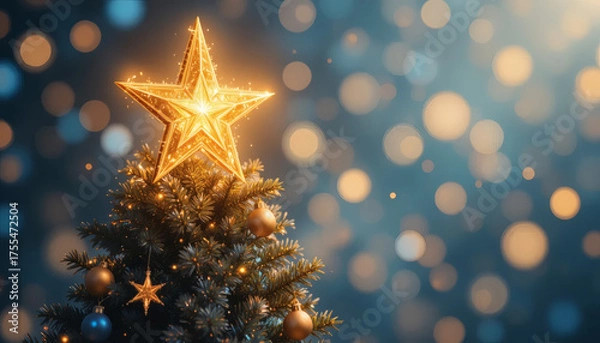 Fototapeta Golden star shining on top of a Christmas tree with glittering lights, soft blurred festive background