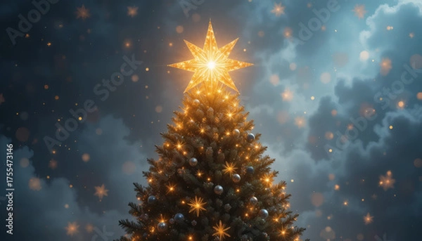 Fototapeta Golden star shining on top of a Christmas tree with glittering lights, soft blurred festive background