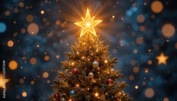 Fototapeta Golden star shining on top of a Christmas tree with glittering lights, soft blurred festive background