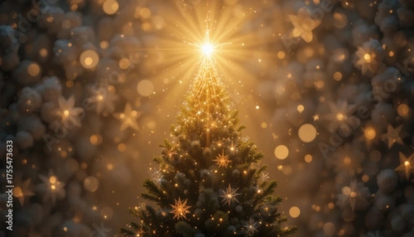 Fototapeta Golden star shining on top of a Christmas tree with glittering lights, soft blurred festive background