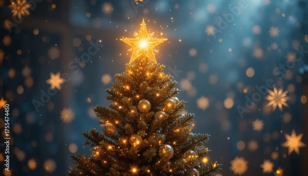 Fototapeta Golden star shining on top of a Christmas tree with glittering lights, soft blurred festive background