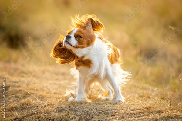 Obraz A Cavalier King Charles Spaniel runs through the grass.