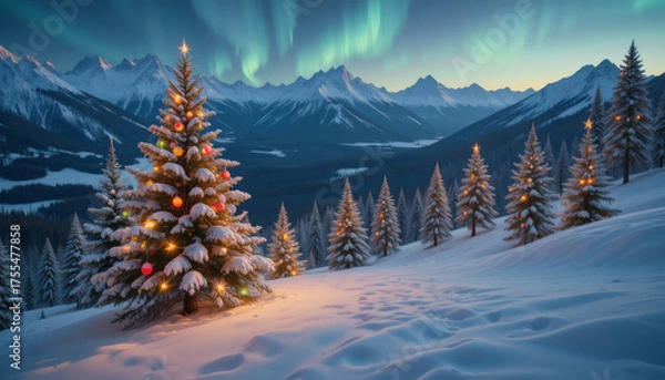 Fototapeta nowy mountain landscape with pine trees decorated with ornaments, Northern Lights in the sky 