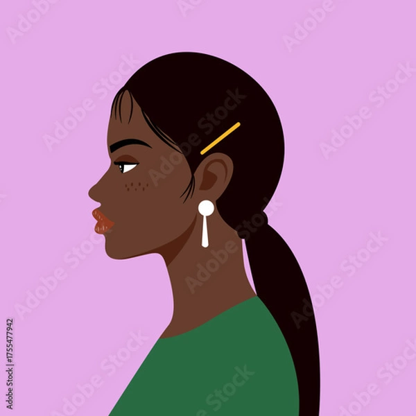 Obraz Tidy black woman profile vector portrait with ponytail and clip