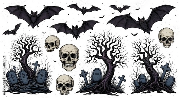 Fototapeta Halloween Graveyard Vector Set Spooky Trees, Tombstones, Flying Bats, Skulls & Night Scene Elements