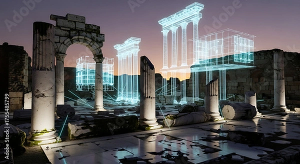Fototapeta Ancient ruins enhanced with holographic reconstructions, blending historical architecture with futuristic digital overlays in a captivating visualization of the past