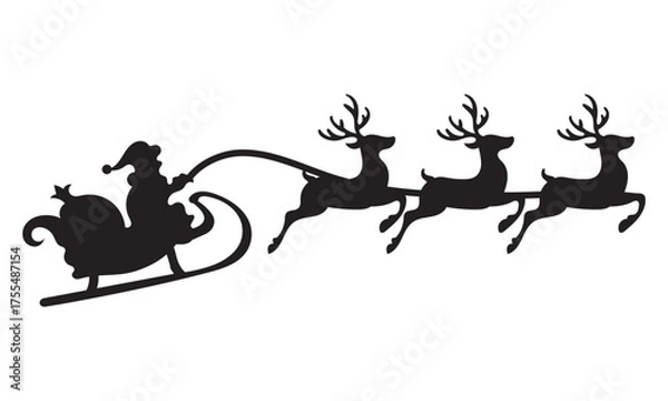 Fototapeta Silhouette of Santa Claus riding sleigh with reindeer. Black silhouette of Santa Claus flying in a sleigh pulled by reindeer, symbolizing Christmas night and holiday traditions. vector illustration.

