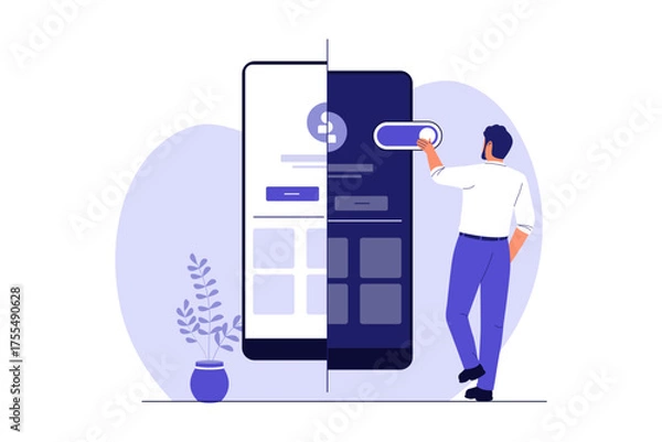 Fototapeta Illustration of Dark Mode versus Light Mode App Setting. Person Toggling Between Day and Night Themes on a Mobile Interface