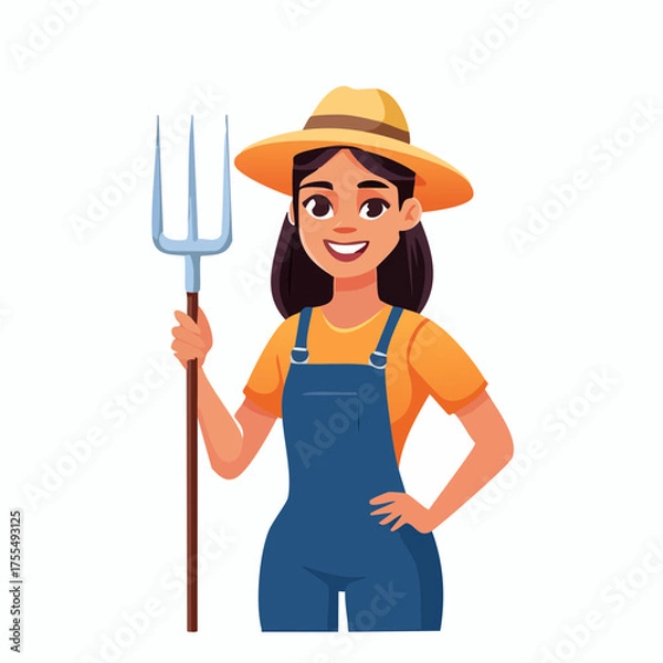 Obraz Female farmer with pitchfork in overall yellow shirt and hat on white background