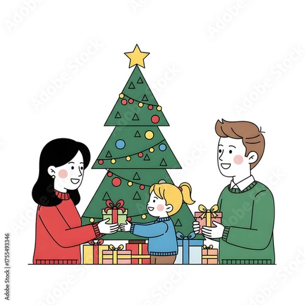 Obraz Family exchanging Christmas gifts near decorated tree, creating heartwarming holiday memories and festive cheer
