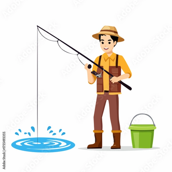 Obraz Fisherman casting fishing rod with water splash isolated illustration