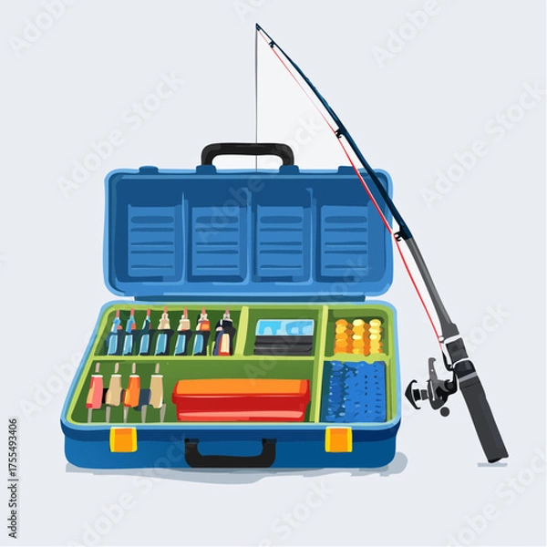 Obraz Fishing tackle box and rod illustration for outdoor recreation and sport