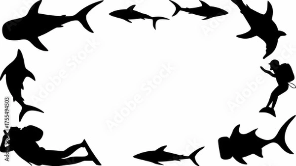 Fototapeta Diver surrounded by sharks underwater, an ocean adventure scene with marine life silhouettes and free space
