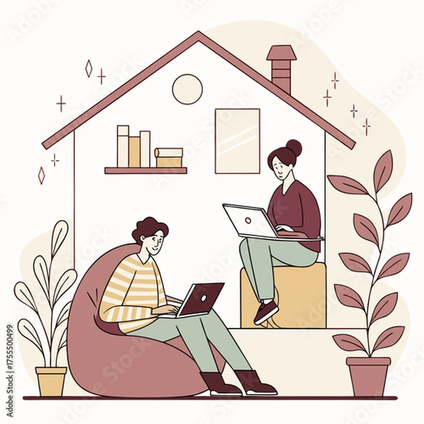 Obraz man and woman in front of house Modern vector concept of remote work or freelance with people working on laptops at home, cozy interior.