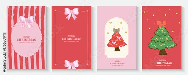 Fototapeta Merry Christmas and Happy New Year background, banner, cover, poster design with trendy flat style.Creative retro hand drawn Christmas cards, Festive xmas concept in Vintage paper fabric Bows Seamless