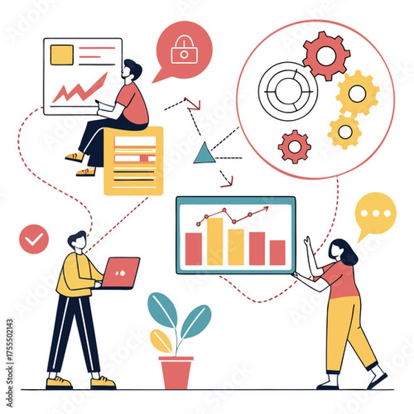 Fototapeta vector illustration of a business man with chart Vector illustration of digital marketing strategy, SEO, content planning with icons and people.