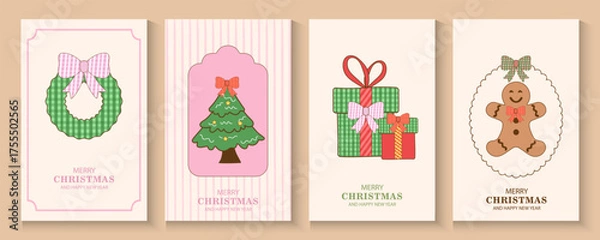 Fototapeta Merry Christmas and Happy New Year background, banner, cover, poster design with trendy flat style.Creative retro hand drawn Christmas cards, Festive xmas concept in Vintage paper fabric Bows Seamless