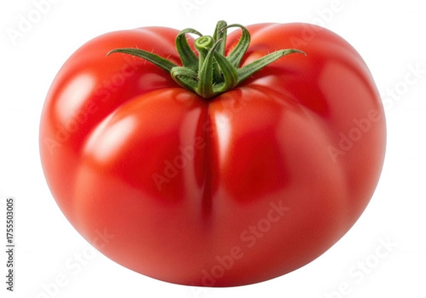 Obraz Ripe red tomato with green stem fruit vegetable isolated on a transparent background