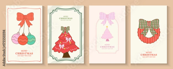 Fototapeta Merry Christmas and Happy New Year background, banner, cover, poster design with trendy flat style.Creative retro hand drawn Christmas cards, Festive xmas concept in Vintage paper fabric Bows Seamless