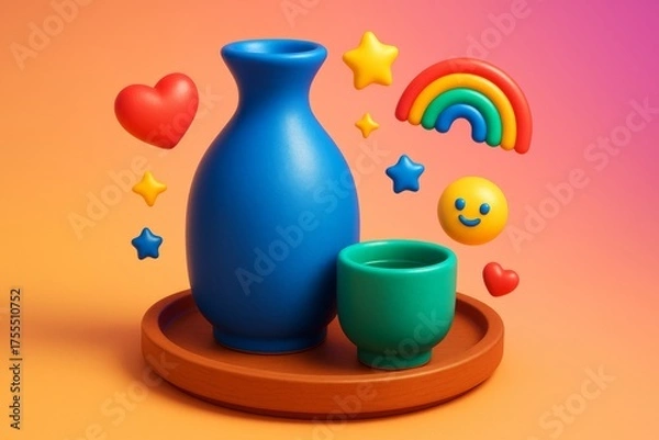 Fototapeta Colorful ceramic vase and cup on wooden tray with floating 3D emoji icons including heart, smiley, and stars on vibrant gradient background. Ai generative