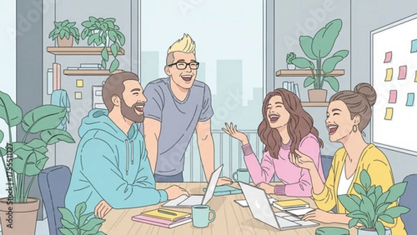 Fototapeta Diverse Team Collaboration Cheerful Professionals Laughing and Working Together at a Modern Office Space