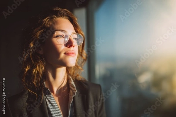 Obraz Professional woman looking out the office window with morning sunlight, symbolizing reflection and ambition.
