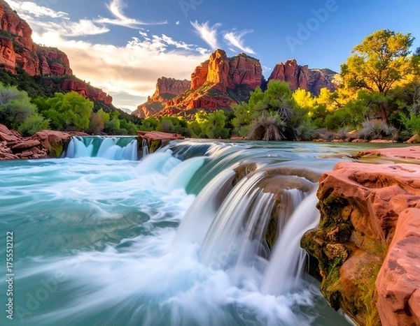 Fototapeta Cascade flows over rocks with distant red mesas, green trees under a cloudy sky with golden hour light