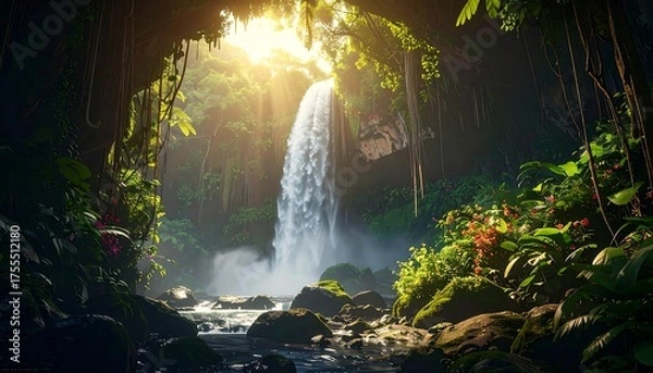 Fototapeta Cascading waterfall through verdant jungle, sunlight piercing through dense foliage illuminating the natural spectacle