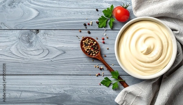 Fototapeta Creamy sauce in a bowl on gray wood, with pepper, parsley, tomato, and linen cloth