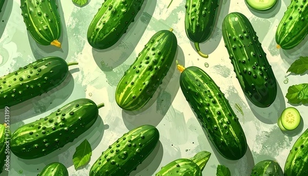 Fototapeta Cucumbers scattered across a textured, light-green surface with some green leaves and a sliced cucumber piece