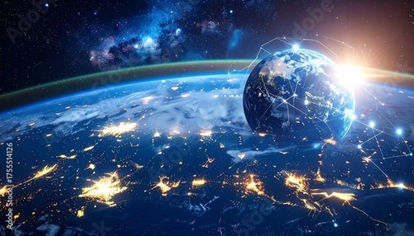 Fototapeta Earth viewed from space, city lights glowing, sun rising over the horizon. Network connecting points on the globe