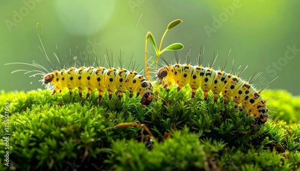 Obraz Two caterpillars face a small plant on vibrant green moss, blurred bokeh background