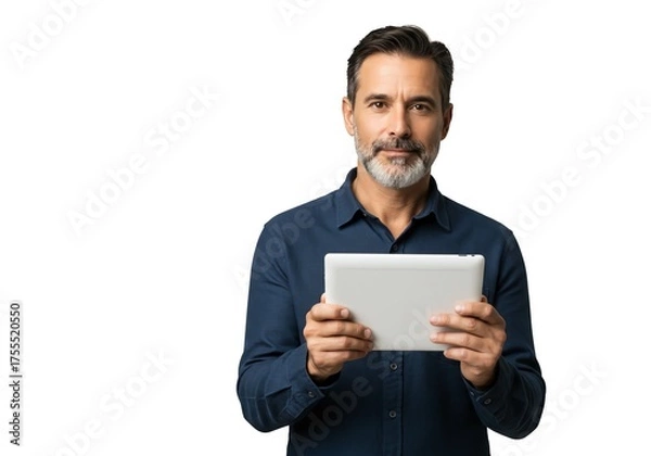 Obraz Confident mature businessman holding a tablet, looking directly at the camera ready to boost your brand with authentic connection and modern technology solutions