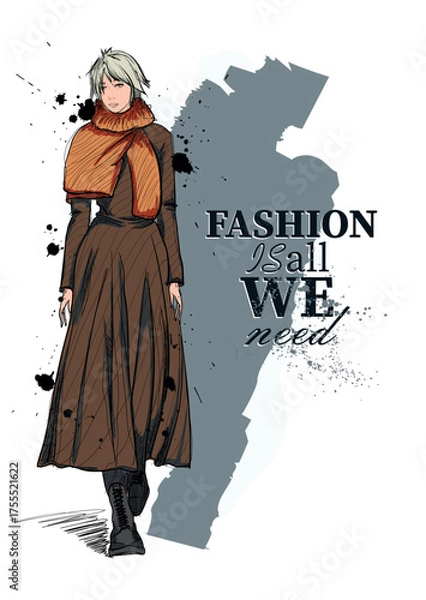 Fototapeta Vector fashion sketches of young woman in fashion clothing outfits, flat drawings