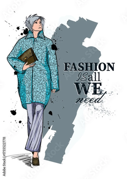 Fototapeta Vector fashion sketches of young woman in fashion clothing outfits, flat drawings