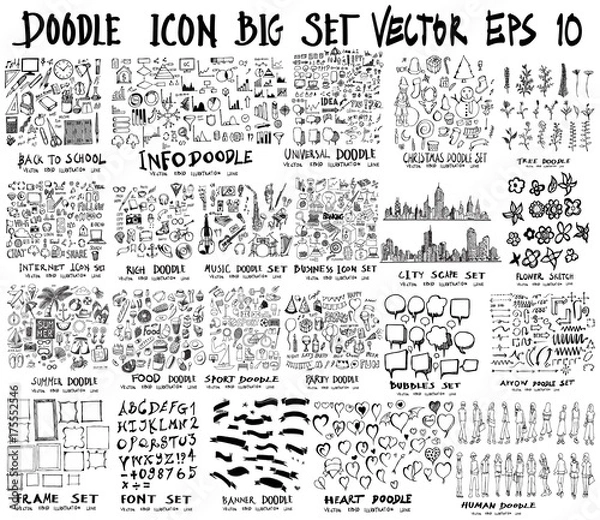 Fototapeta MEGA set of doodles of Back to school, Arrow ,Business, Social shopping elements, tree, Info, Internet, Universal, Party, Human, Creative, City scape, Sport, summer, Frame, Font, Banner, Heart, Music