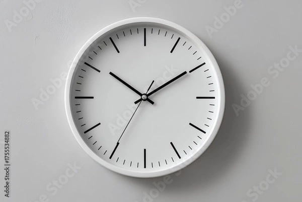 Fototapeta Minimalist white clock hanging on a neutral gray wall, showing the time at ten past ten, concept for time management, schedule planning and deadlines awareness