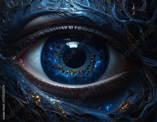 Fototapeta Striking close-up of a large, detailed blue eye with swirling patterns around it, creating an ethereal, ornate effect