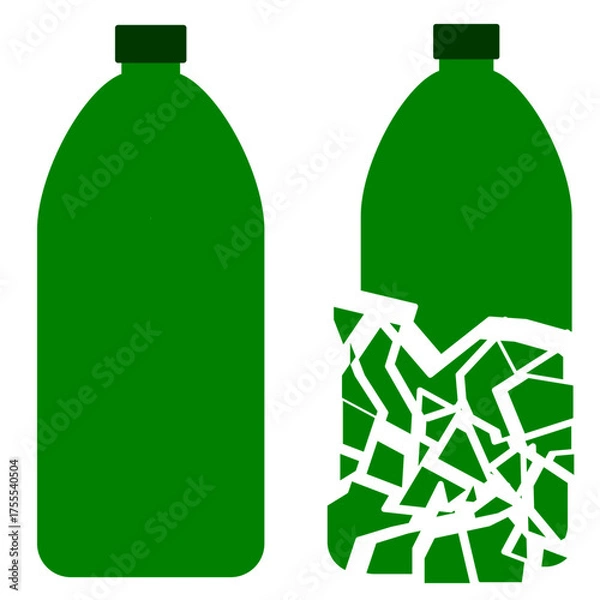Obraz Broken green plastic bottle process not decomposed vector clip art. Ecology purpose graphic element printable for poster and leaflet. No plastic pollution