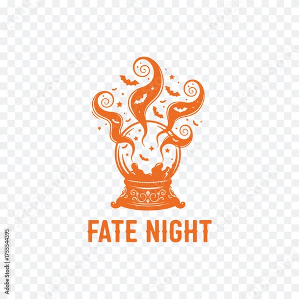 Fototapeta A vintage-style cauldron with swirling smoke and bats, text 'FATE NIGHT' below, minimalist Halloween-themed design.
