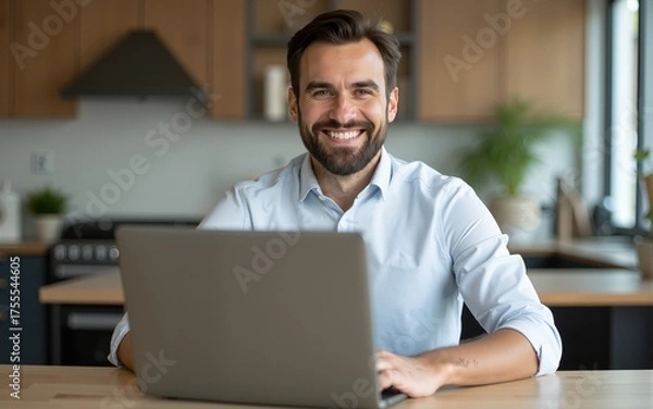 Fototapeta Young man using laptop and smiling. High quality