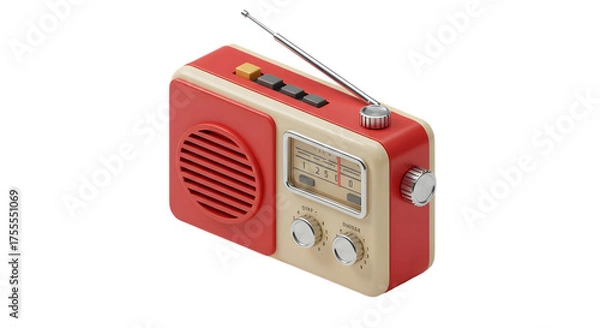 Fototapeta An isometric illustration of a 3D vintage portable radio in a red and cream design. A classic receiver with an antenna evoking nostalgia for music and broadcasting