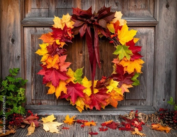 Obraz Wreath of autumn leaves on wooden background