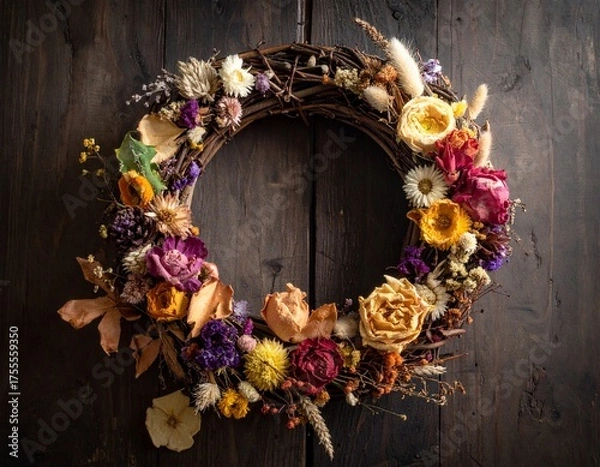 Obraz wreath on wooden background, Wreath of dried flowers, autumn wreath