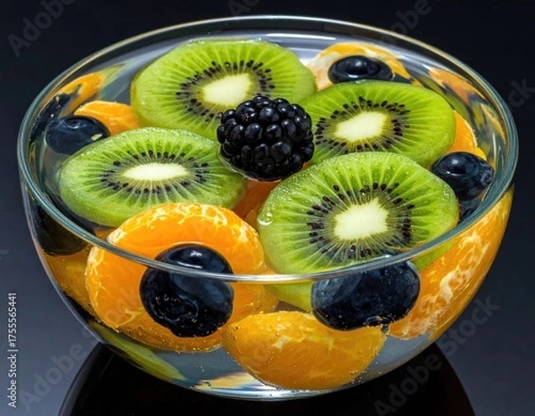 Fototapeta Vibrant fruit salad in glass bowl; mandarin, kiwi, berries