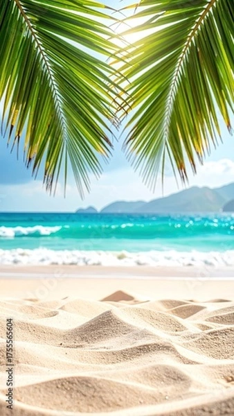 Obraz Tropical beach scene framed by palm leaves