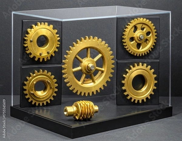 Fototapeta Gold gears/worm gear in a case, black backdrop/base