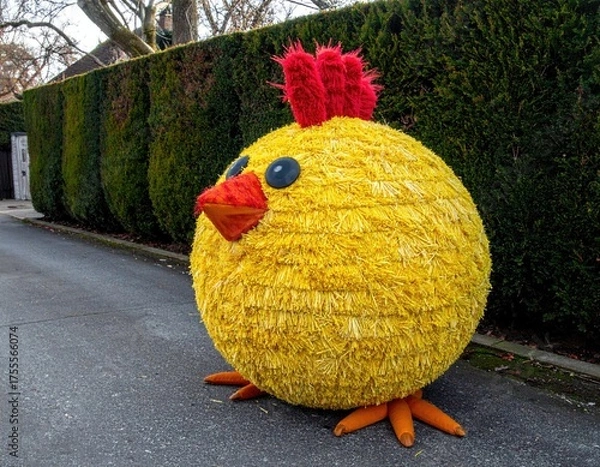Fototapeta Oversized, round, fuzzy yellow chicken decoration on road