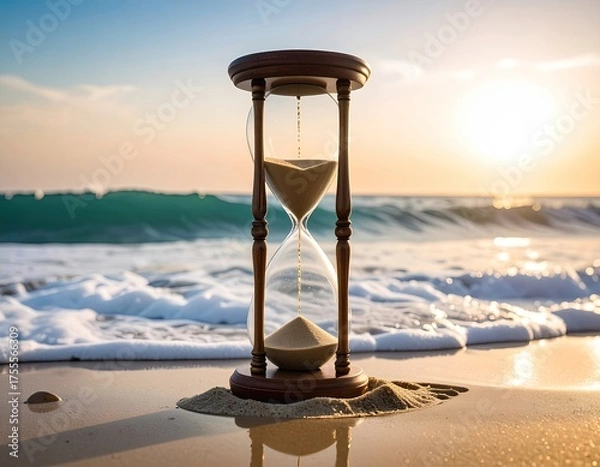 Fototapeta Hourglass on beach with ocean waves and a setting sun