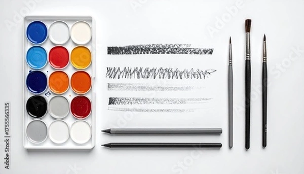 Obraz Painting setup watercolor palette, strokes, pencils, brushes